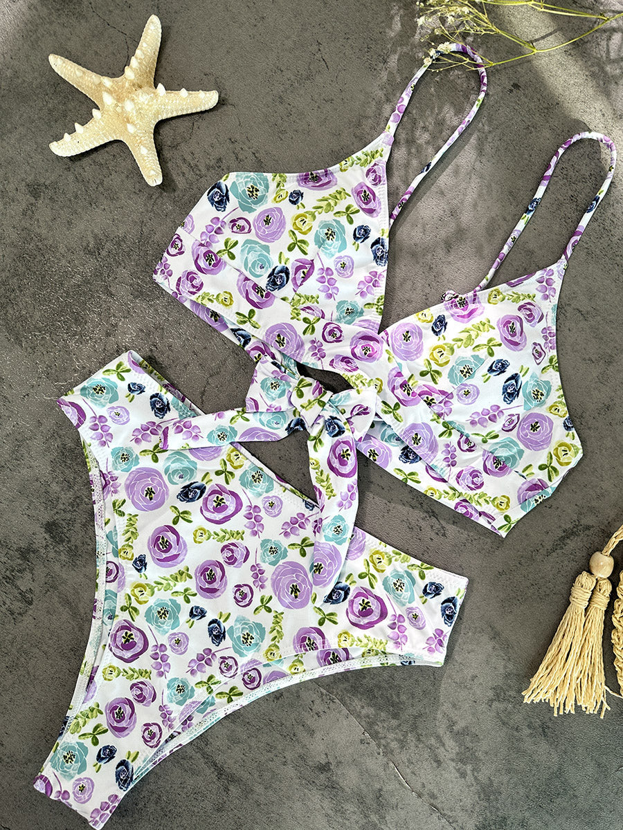 Free Shipping For Purple &Green Floral Double layer High-Waisted Bikini Set