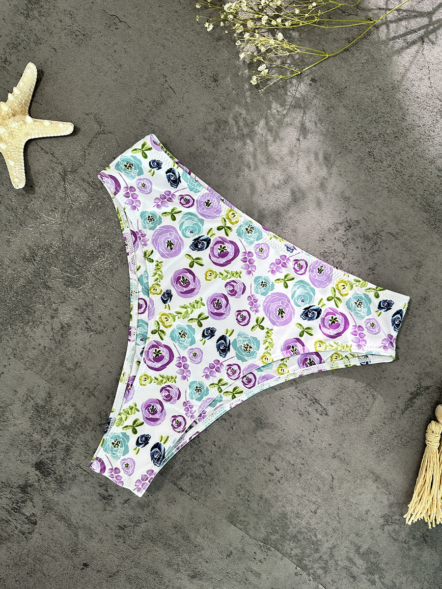 Free Shipping For Purple &Green Floral Double layer High-Waisted Bikini Set