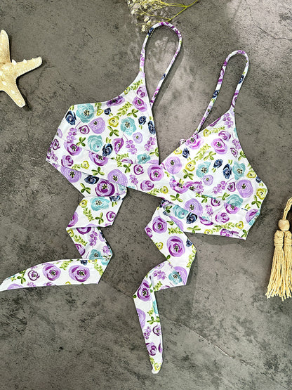 Free Shipping For Purple &Green Floral Double layer High-Waisted Bikini Set