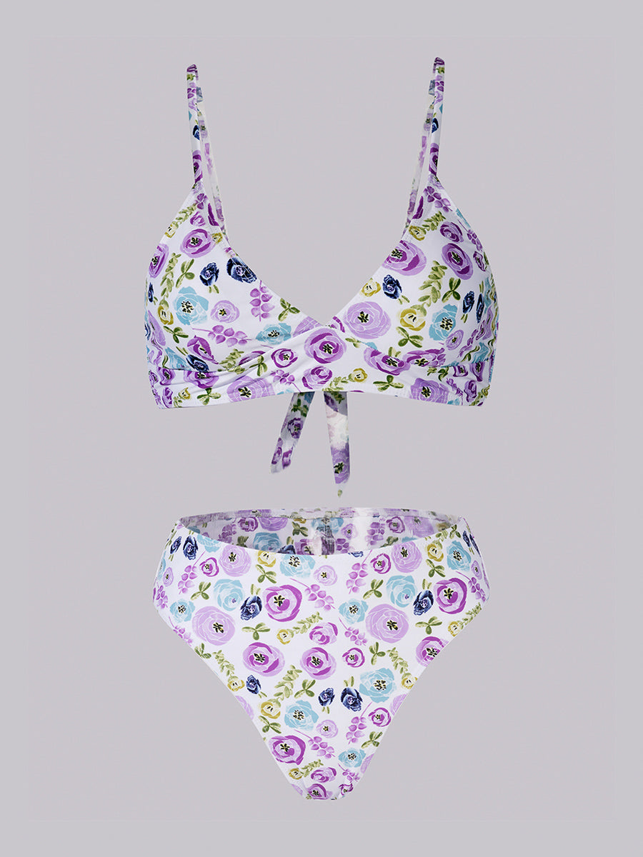 Free Shipping For Purple &Green Floral Double layer High-Waisted Bikini Set