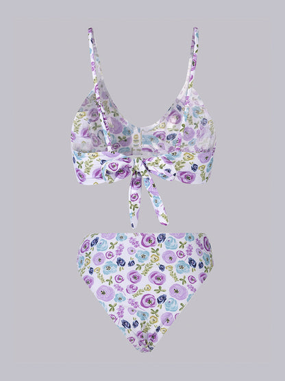 Free Shipping For Purple &Green Floral Double layer High-Waisted Bikini Set