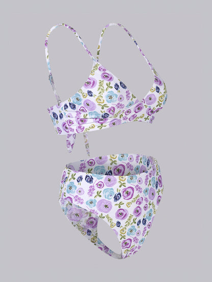 Free Shipping For Purple &Green Floral Double layer High-Waisted Bikini Set