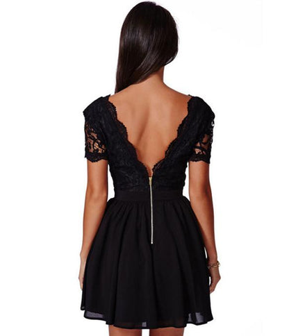 Deep V-neck V-back Backless Lace Little Black Dress