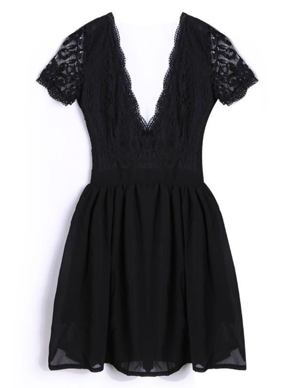 Deep V-neck V-back Backless Lace Little Black Dress