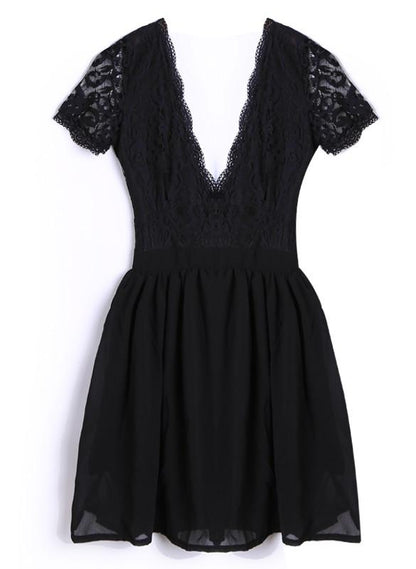 Deep V-neck V-back Backless Lace Little Black Dress