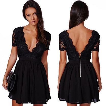 Deep V-neck V-back Backless Lace Little Black Dress