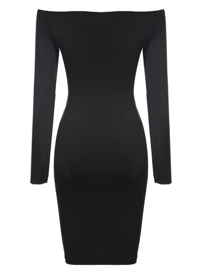 Clearance Off Shoulder Long Sleeve Button Bodycon Knee-length Dress