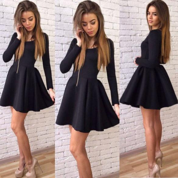 Clearance Long Sleeves Zipper High Waist Pleated Little Black Dress