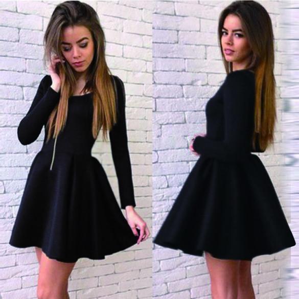 Clearance Long Sleeves Zipper High Waist Pleated Little Black Dress