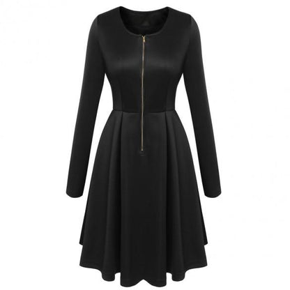 Clearance Long Sleeves Zipper High Waist Pleated Little Black Dress