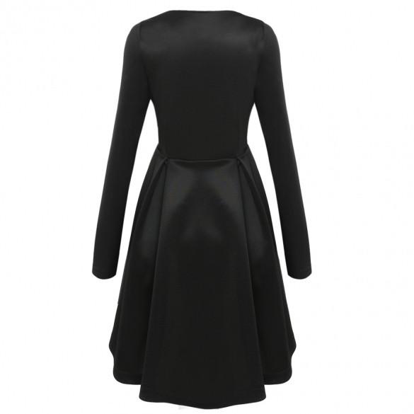 Clearance Long Sleeves Zipper High Waist Pleated Little Black Dress