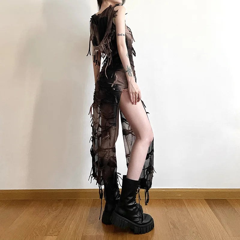 Free shipping for Tie Dye Print Side Split Dress Hooded 90s Vintage Mall Goth Sleeveless Slim Fit Bodycon Women Maxi Long Dress Halloween Costume