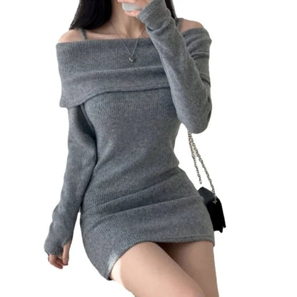 Free shipping for Off Shoulder Suspender Lapel Knit Dress Women Korean Sexy Slim Bottomed Mini Dresses Autumn Winter Solid Suspender Sweater Dress