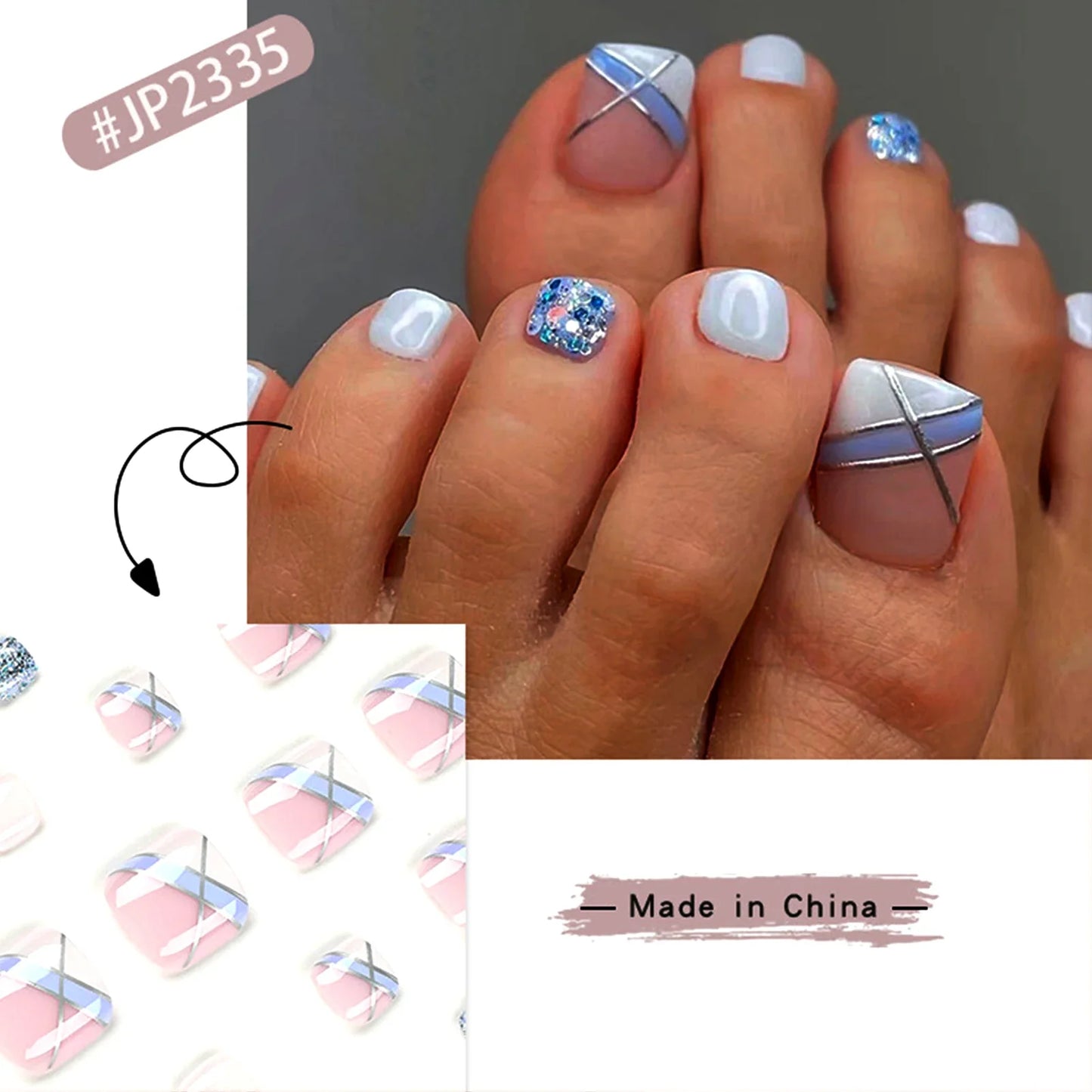 Summer French Toe Nails Set Press On Short Square Acrylic Nail Kits Wearable False Nails Nude Color Fashion Fake Feet Nail Tips