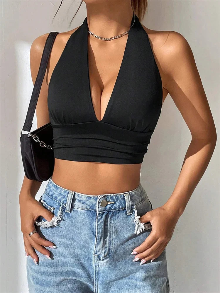 Free shipping for Sleeveless Backless Deep V-neck Halter Top Women Summer 2024 Club Party Sexy Solid Color Crop Tops Streetwear Y2K Clothes