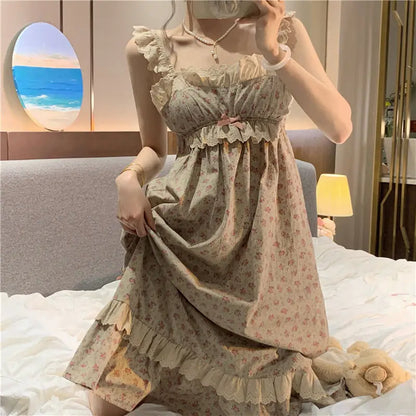 Free shipping for Korean Kawaii Princess Nightdress Women Summer Sleeveless Ruffles Printed Princess Nightgowns Sweet Girl Pajama Sleepwear Homewear Underwear