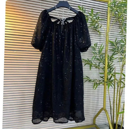 Free shipping for Women Plus Size L-4XL Sequin Black Chiffon Dress Puff Short Sleeve Square Collar Knee Dresses Female Summer New Clothing