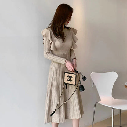 Free shipping for Vintage Elegant O-Neck Female Thicken Knit Long Dress Slim Full Sleeve Ruffles Women Sweater Dresses Vestidos Autumn Winter