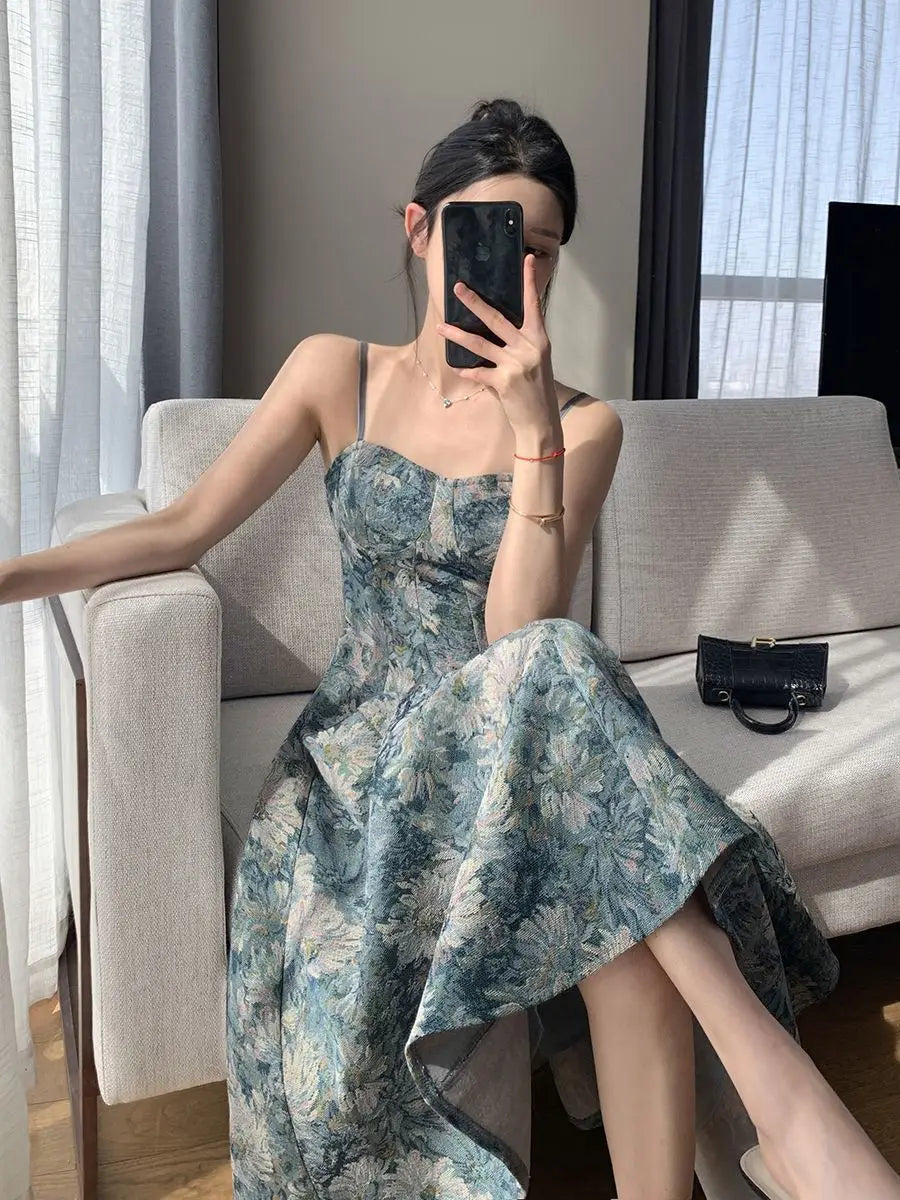 Free shipping for Summer Long Dresses Women Vintage Prints Elegant French Temper Midi Dress Stylish Partywear Sexy Ladies Sleeveless Ropa Mujer