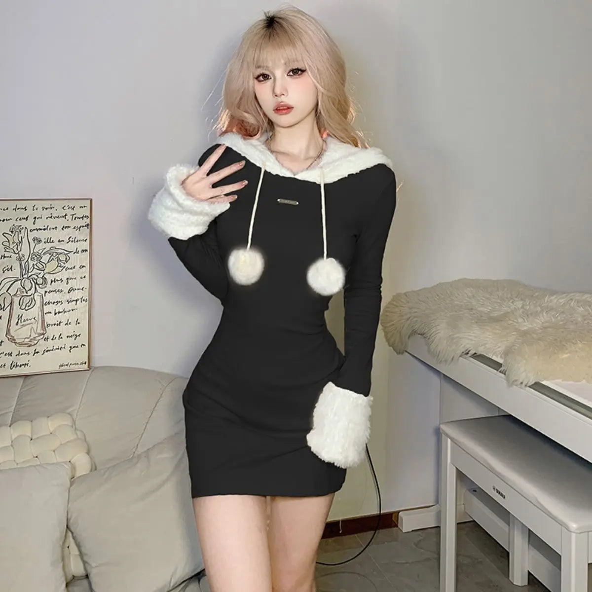 Free Shipping For 'Sable' Plush Paneled Hooded Dress