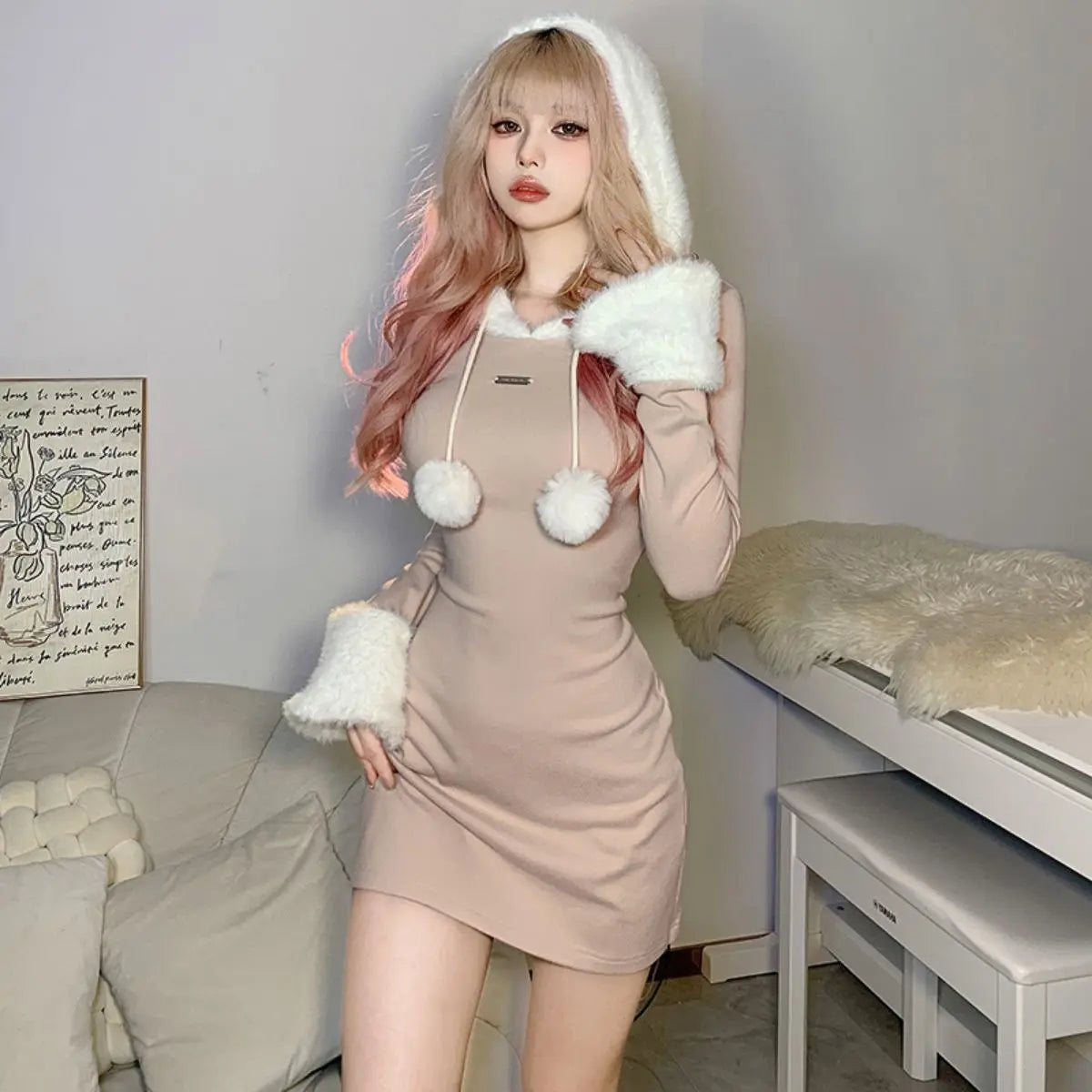 Free Shipping For 'Sable' Plush Paneled Hooded Dress