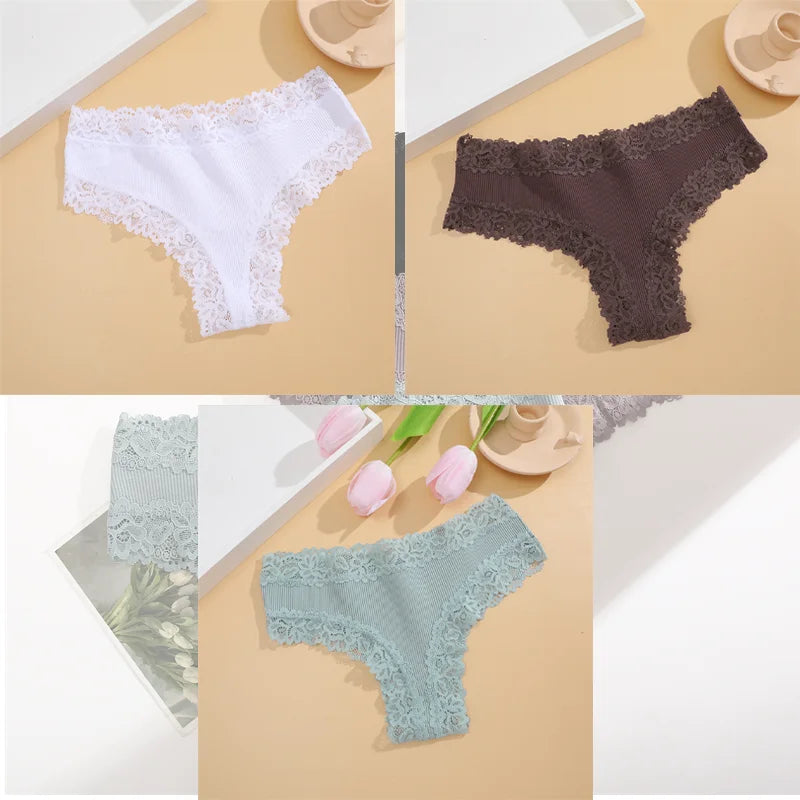 Free Shipping For Lace Brazilian Trio - 3Pcs Low Waist Cotton Panties Set (S-XL)