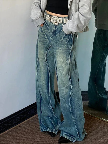 Free shipping for Women's Curved Splicing Design Jeans Vintage Street Cool Girl High Waist Wide Leg Pants Female Casual Ground Blue Denim Trousers