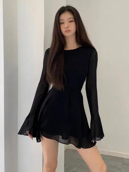 Free shipping for Backless Black Dress Women Elegant Back Hollow Out Lace-up Long Sleeve Mesh Patchwork Sexy Slim Ruffle Mini Dress Party