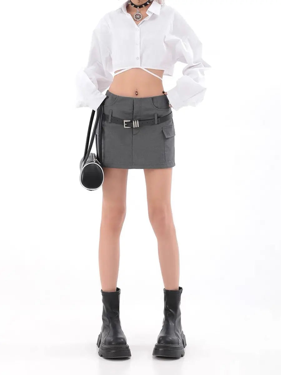 Free Shipping For 'Safe Ride' Techwear Grey Buckle Mini Skirt