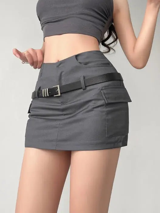 Free Shipping For 'Safe Ride' Techwear Grey Buckle Mini Skirt