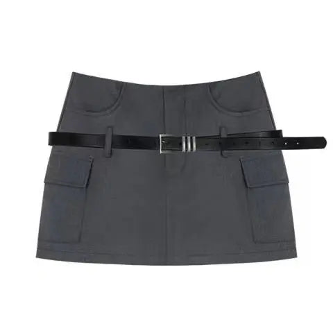 Free Shipping For 'Safe Ride' Techwear Grey Buckle Mini Skirt