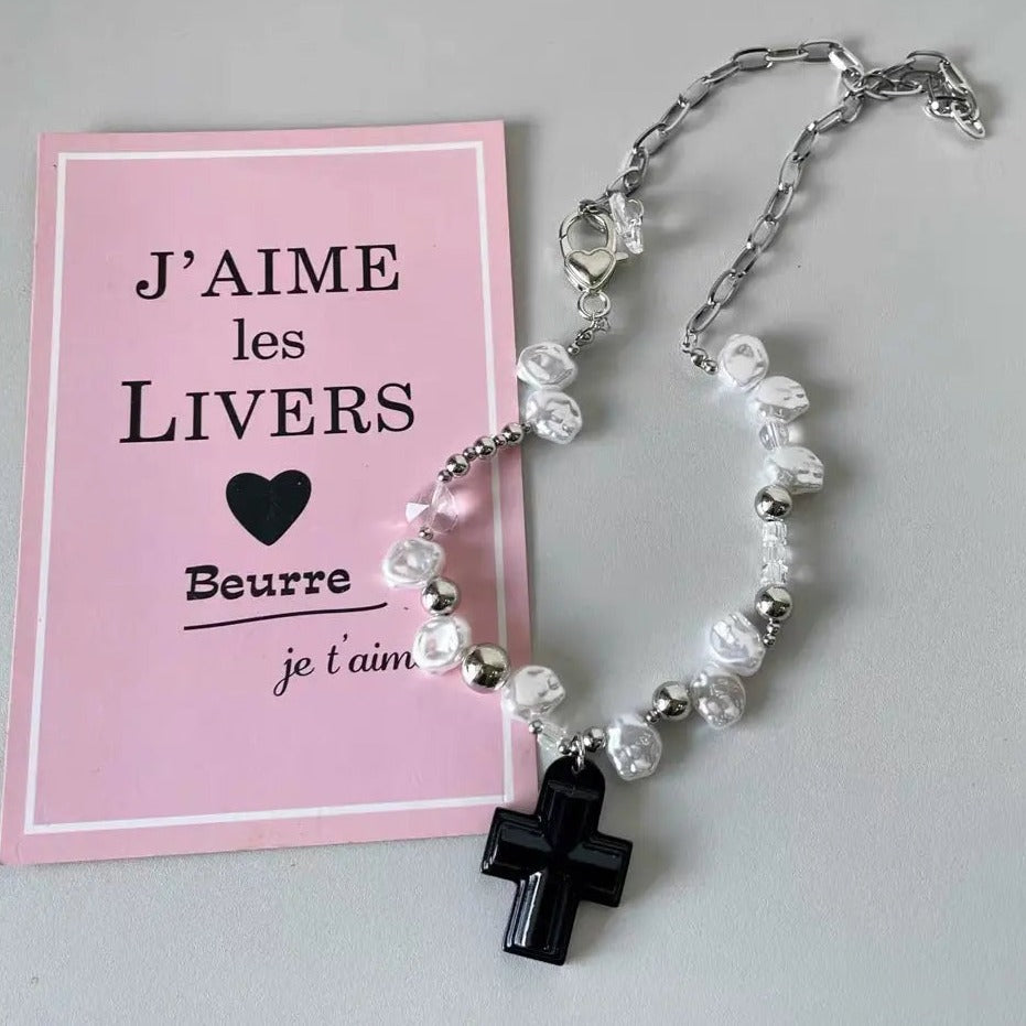 Free Shipping For 'Savior' Cross and Heart Pearl Beads Necklace