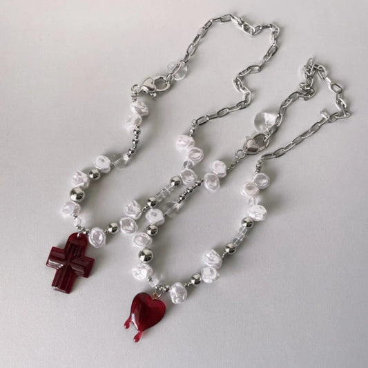 Free Shipping For 'Savior' Cross and Heart Pearl Beads Necklace