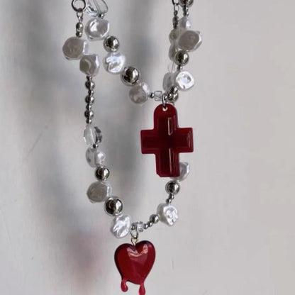 Free Shipping For 'Savior' Cross and Heart Pearl Beads Necklace