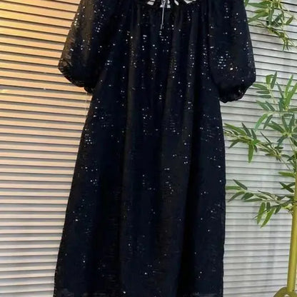 Free shipping for Women Plus Size L-4XL Sequin Black Chiffon Dress Puff Short Sleeve Square Collar Knee Dresses Female Summer New Clothing