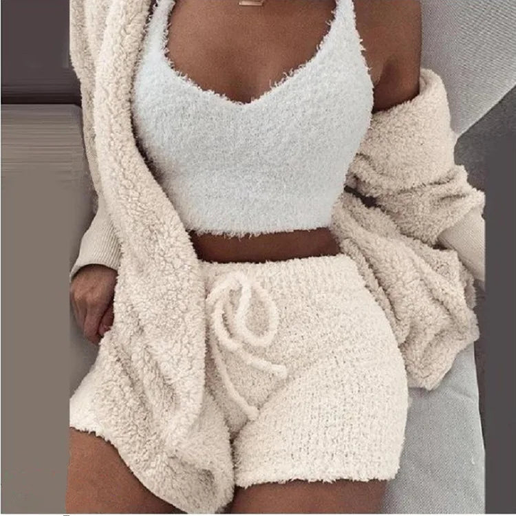 Free Shipping For Fluffy Pajamas Set - Casual Sleepwear Tank Top and Shorts Plus Size Hoodie Leisure Homewear Winter 3-Piece Pajamas (S-2XL)