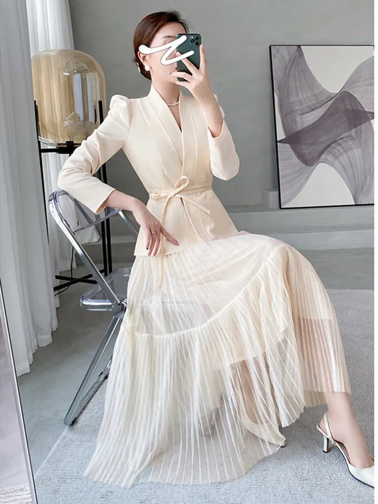 Free shipping for Autumn New in Matching Set Elegant Ladies Blazer Jacket Two Piece Skirt Sets Women's Outfits Temperament Mesh Skirt Suits Female