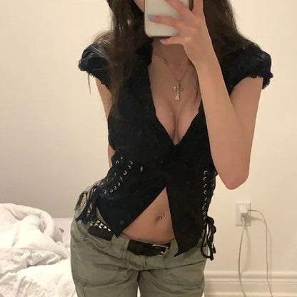 Free shipping for Chic Bandage Crop Top Y2k Vintage Grunge Black T-Shirts Women Button Slim Croset Aesthetic Punk Style Gothic Bustiers