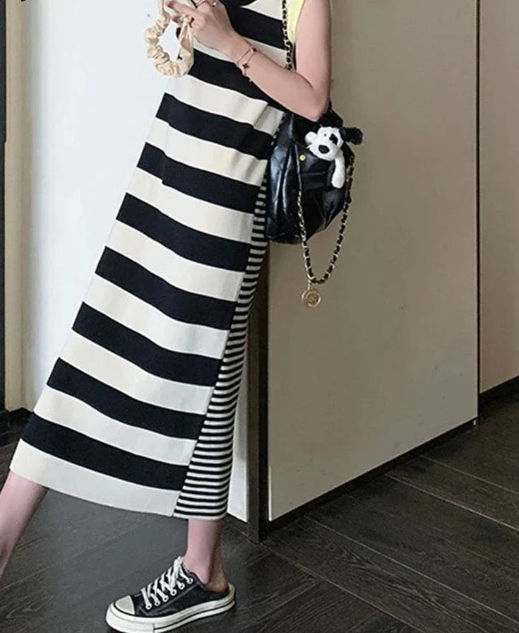 Free shipping for Summer New French Stripe Women's Dress Casual Loose Fashion Sleeveless Dress Woman Sweet Ladies Street Chic Dress Female