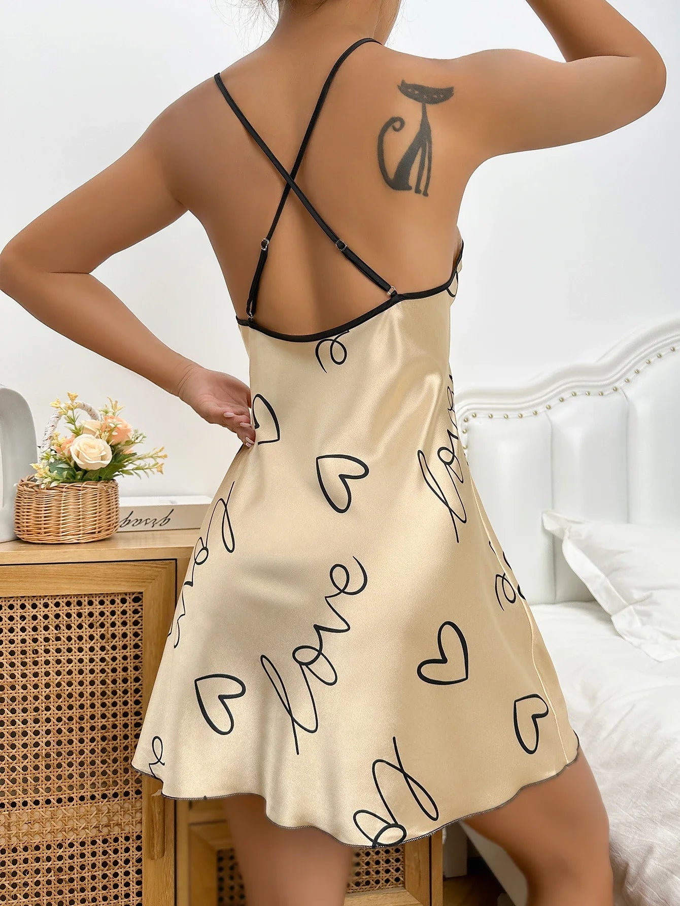 Free Shipping For Heart Print Nightdress - Elegant Scoop Neck with Criss Cross Back (S-XL)