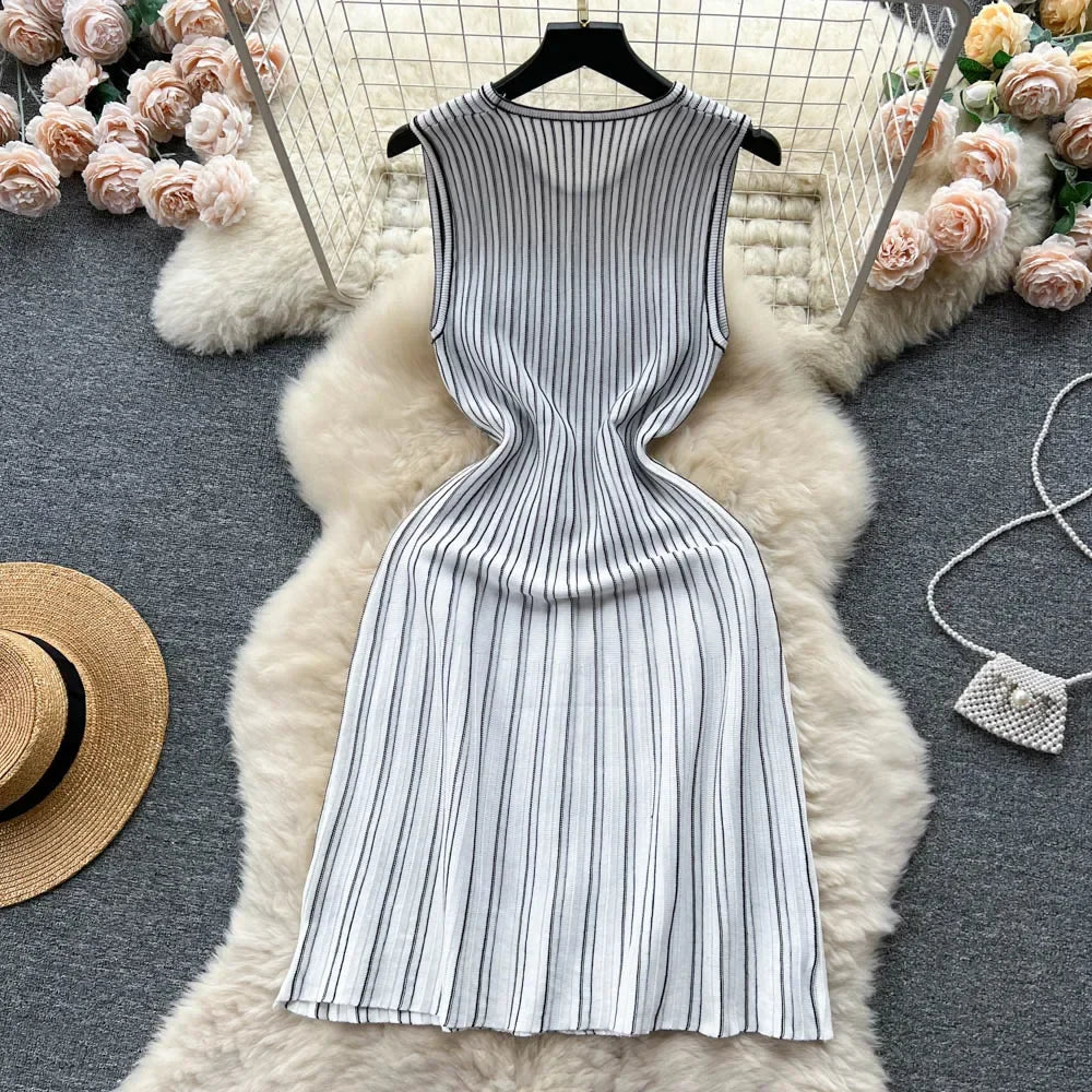 Free shipping for Summer Knit Sexy Strap Dress Women Tank Elatic Waist Bodycon Sundress Female Beach Backless Long Dress