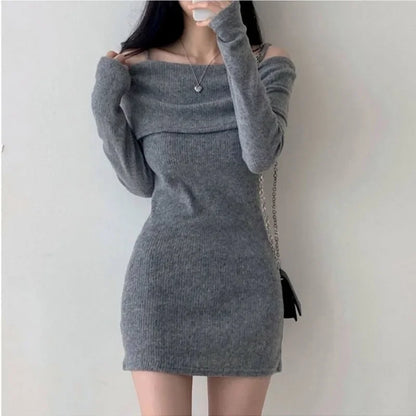 Free shipping for Off Shoulder Suspender Lapel Knit Dress Women Korean Sexy Slim Bottomed Mini Dresses Autumn Winter Solid Suspender Sweater Dress