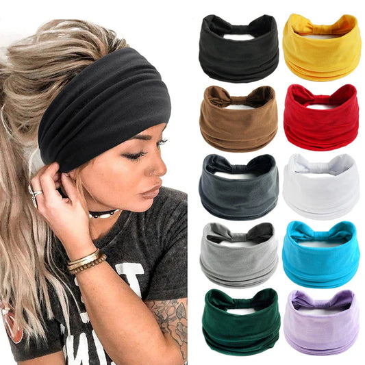 Free shipping for New Boho Solid Color Wide Headbands Vintage Knot Elastic Turban Headwrap for Women Girls Cotton Soft Bandana Hair Accessories