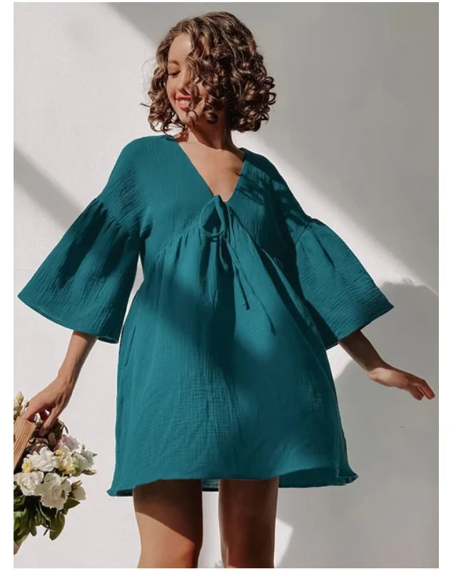 Free Shipping For Cotton ComFor t - Peplum Half Sleeve V-Neck Night Dress - Casual Sleepwear (S-XL)