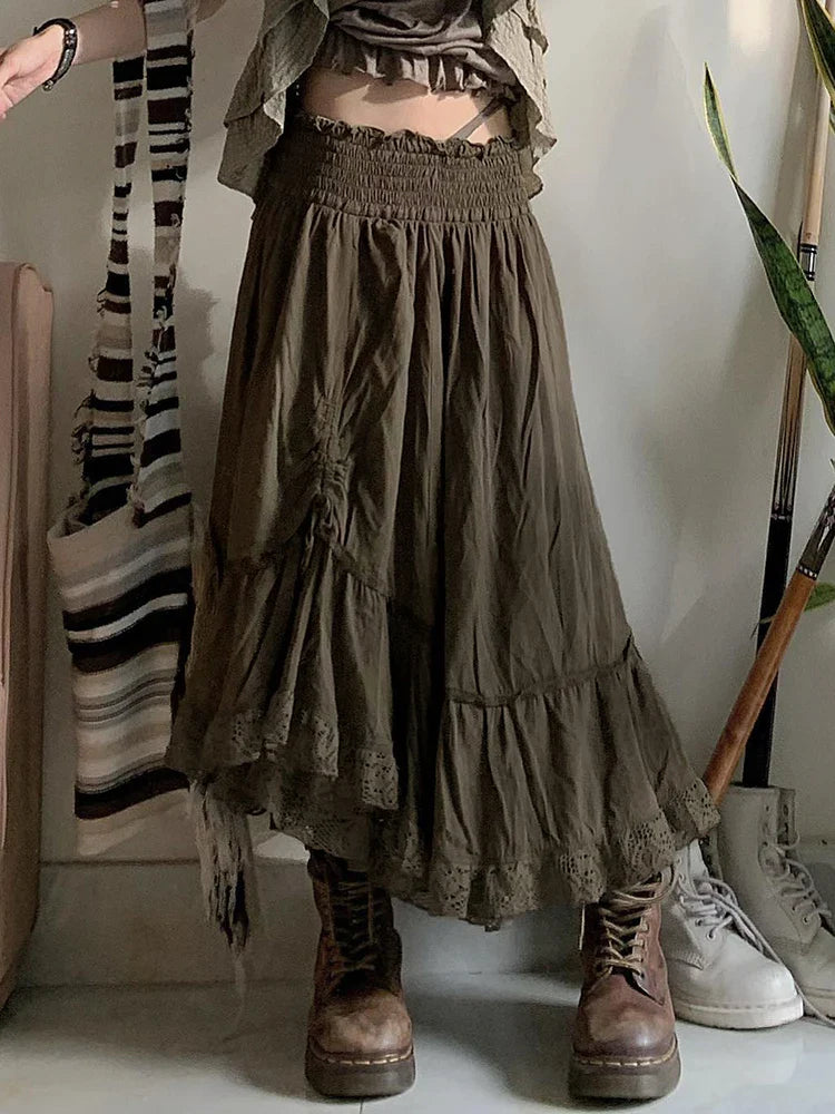 Free shipping for Vintage Forest Green Shirring Tie Lace Trim High Waist A Line Long Skirt Women Vacation Outfits