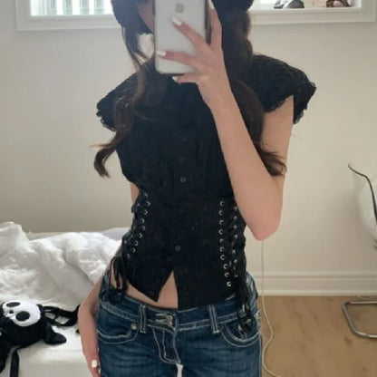 Free shipping for Chic Bandage Crop Top Y2k Vintage Grunge Black T-Shirts Women Button Slim Croset Aesthetic Punk Style Gothic Bustiers