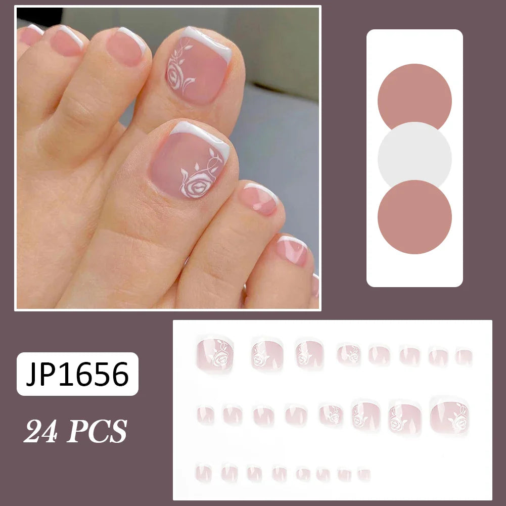 Summer French Toe Nails Set Press On Short Square Acrylic Nail Kits Wearable False Nails Nude Color Fashion Fake Feet Nail Tips