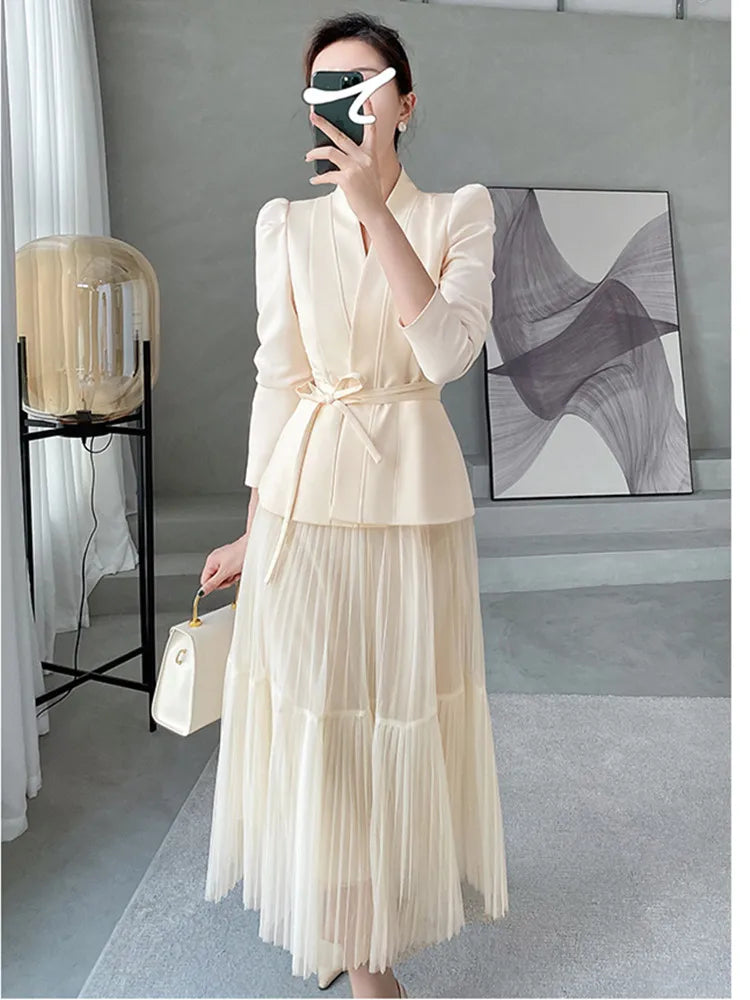 Free shipping for Autumn New in Matching Set Elegant Ladies Blazer Jacket Two Piece Skirt Sets Women's Outfits Temperament Mesh Skirt Suits Female