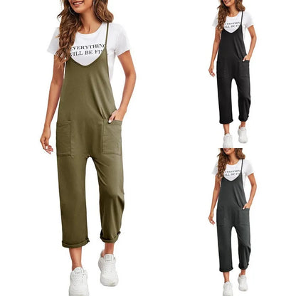 Spring Casual Pocket Jumpsuit – Solid Color, Loose Fit