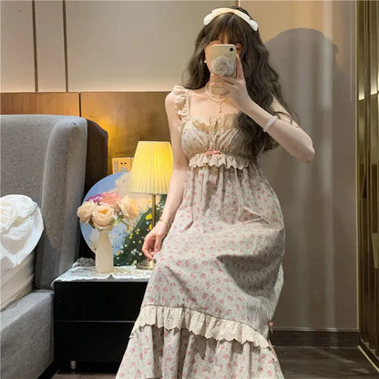 Free shipping for Korean Kawaii Princess Nightdress Women Summer Sleeveless Ruffles Printed Princess Nightgowns Sweet Girl Pajama Sleepwear Homewear Underwear